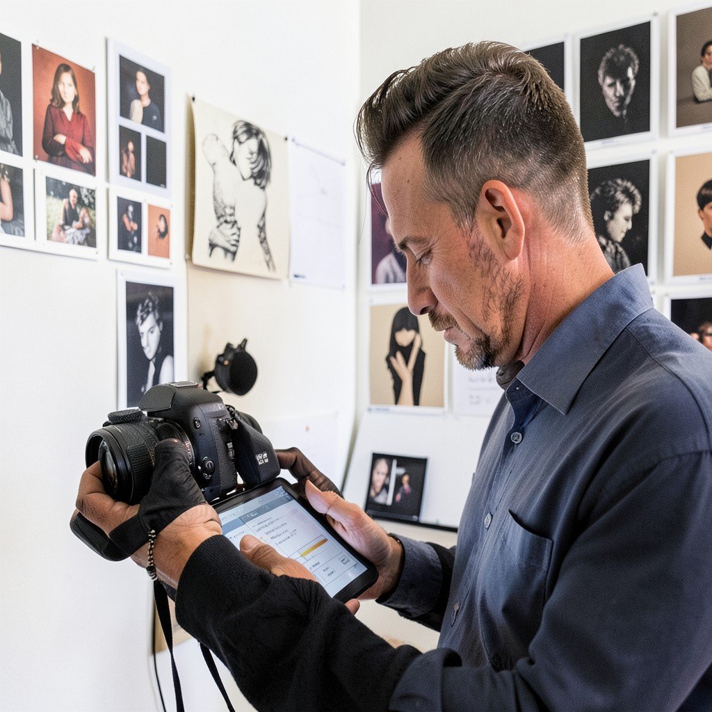 A professional photographer writing a shoot planning on a tablet, mood boards on the wall, bright balanced lighting, no text, aspect ratio 4:3