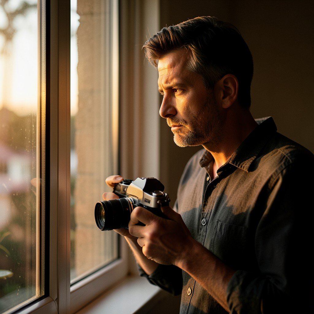 A pensive photographer looking out a window holding a camera, warm cinematic lighting, no text, aspect ratio 1:1