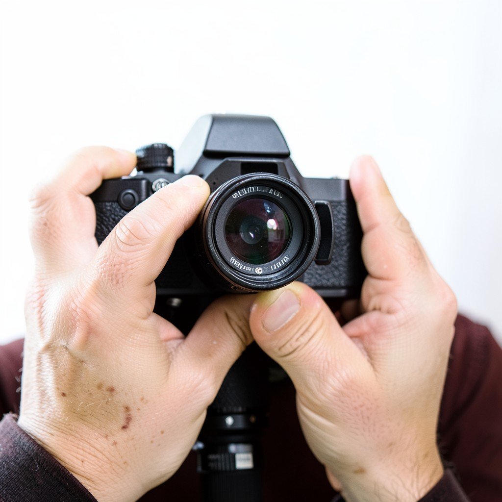 Close up of a photographer looking through a camera viewfinder in a bright studio, no text, aspect ratio 4:3