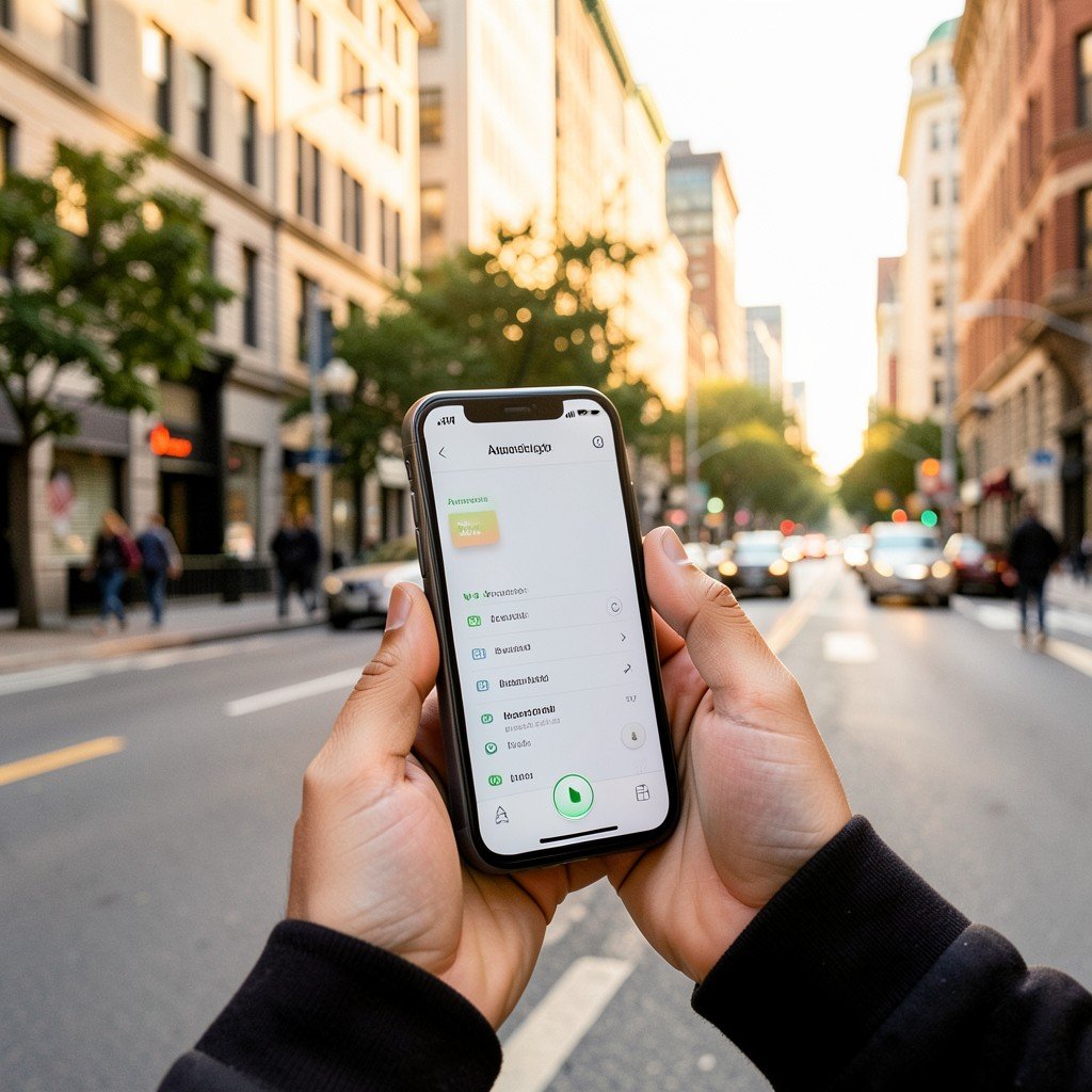 A person holding a smartphone with an accessibility navigation app, walking on a city street, warm natural lighting, lifestyle photography, aspect ratio 4:3