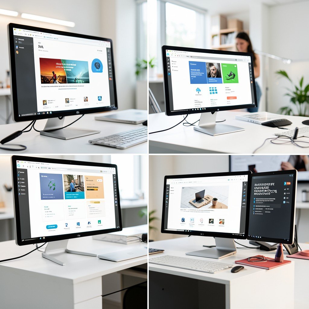 Multiple UI design variations displayed on sleek monitors in a modern design studio, bright balanced lighting, informational style, aspect ratio 1:1