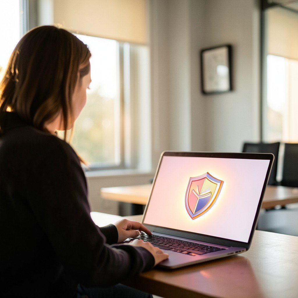 A person looking at a secure shield icon on a glowing laptop screen, calm office environment, natural warm lighting, modern style, aspect ratio 1:1
