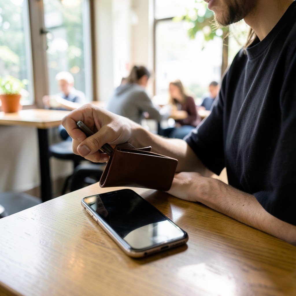A person holding a wallet looking at a sleek smartphone on a cafe table, natural daylight, lifestyle photography, 4:3 aspect ratio