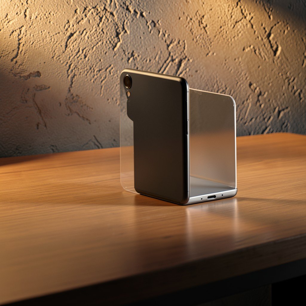 A conceptual foldable smartphone half-opened on a modern desk, warm lighting, artistic rendering, textured background, 4:3 aspect ratio