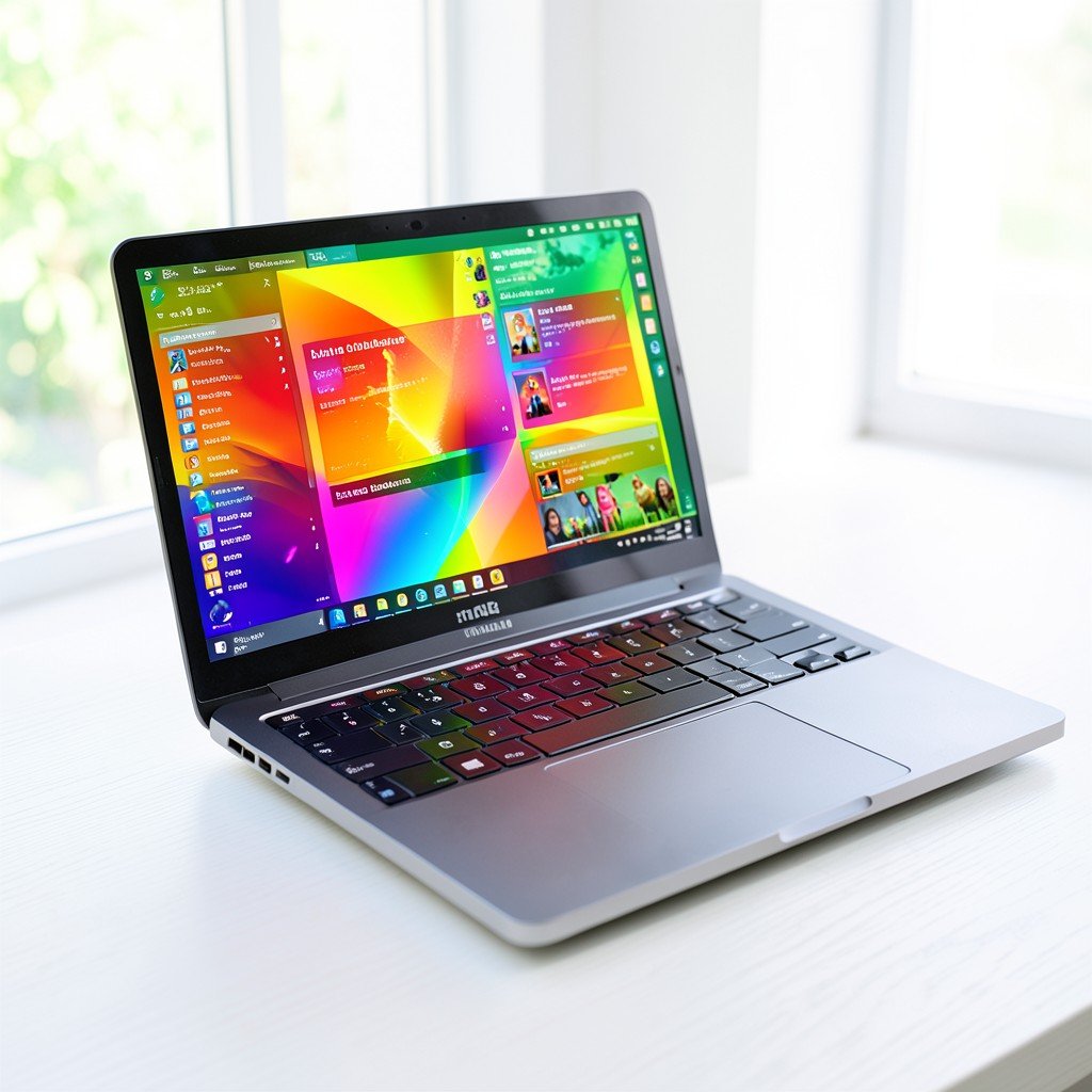 15 inch laptop open on a clean white wooden desk showing a vibrant colorful display with multiple windows side by side bright natural lighting 1:1