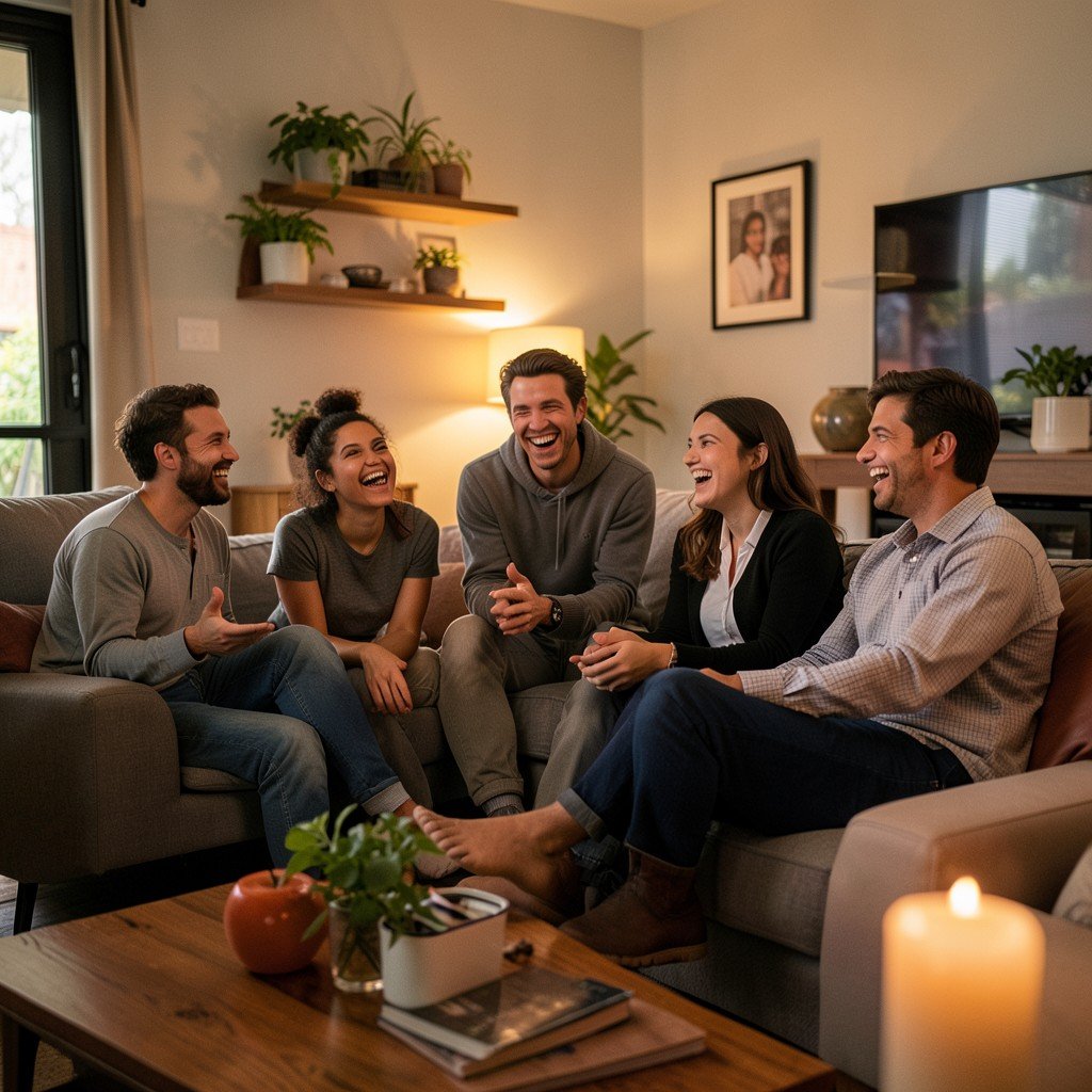 A group of friends watching TV together in a modern living room, laughing and engaged, warm cinematic lighting, lifestyle photography, no text, aspect ratio 4:3
