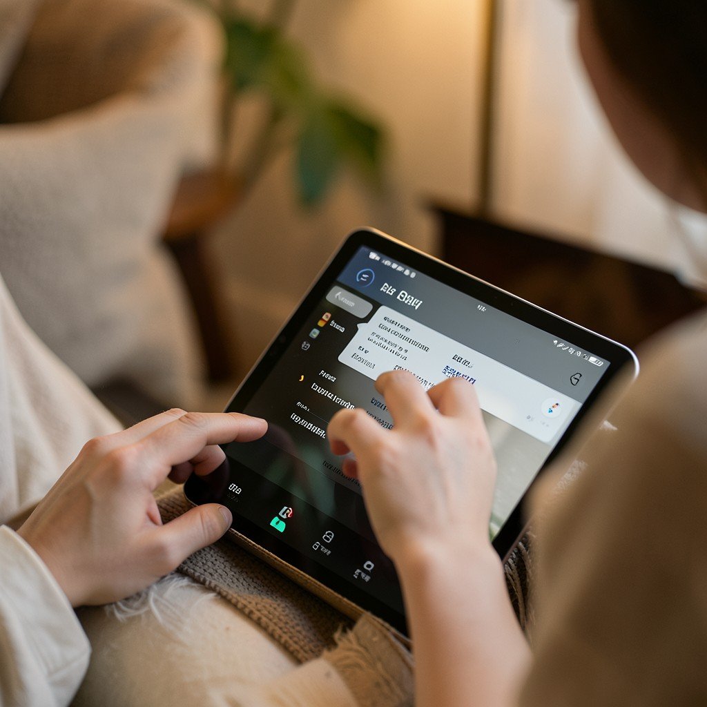 Close up of a person scrolling smoothly on a tablet screen showcasing fast display response time in a cozy indoor setting NO KOREAN Text aspect ratio 4:3