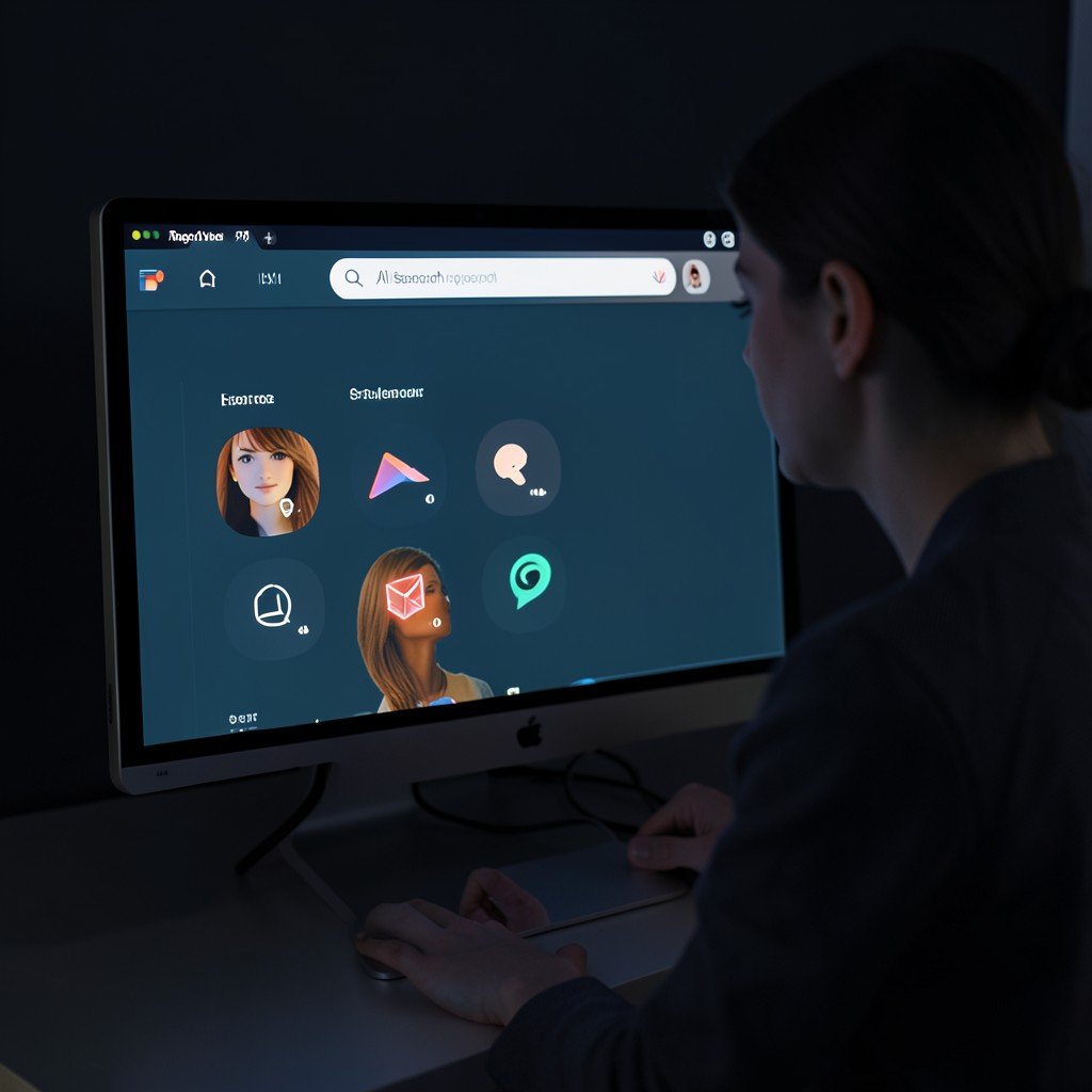 A creative professional using AI search on a computer monitor to find media files, search bar with object and face detection icons, dark UI theme, no text, 4:3