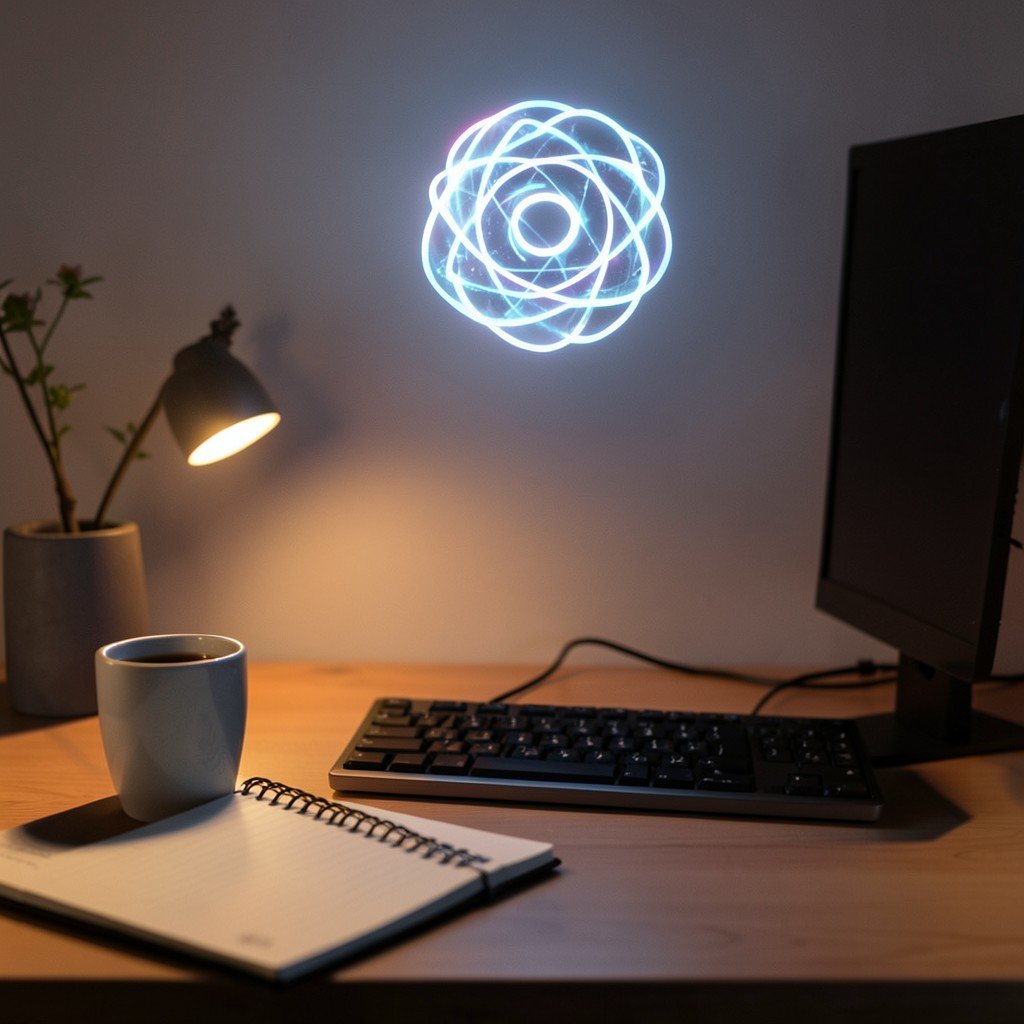 A tidy Mac workspace with a coffee cup, notebook, and a glowing abstract holographic assistant symbol hovering above the desk, cozy evening lighting, 1:1