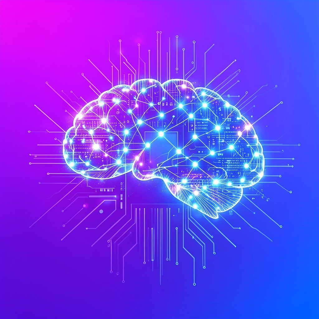 An abstract representation of a digital brain formed by glowing nodes and data streams inside a modern computer chip floating on a vibrant gradient purple and blue background NO KOREAN Text 1:1