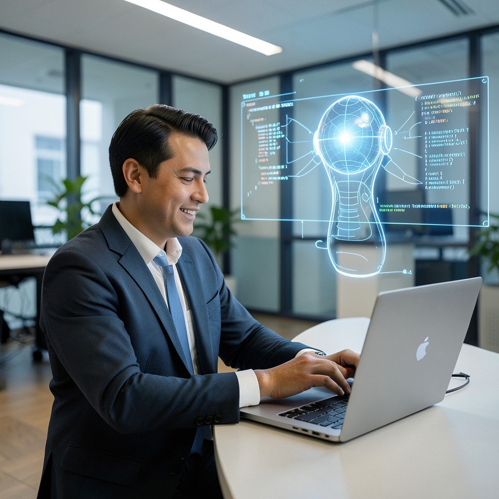 A developer working confidently on a laptop in a modern office while an abstract glowing AI assistant autonomously checks code structure in the background NO KOREAN Text aspect ratio 4:3