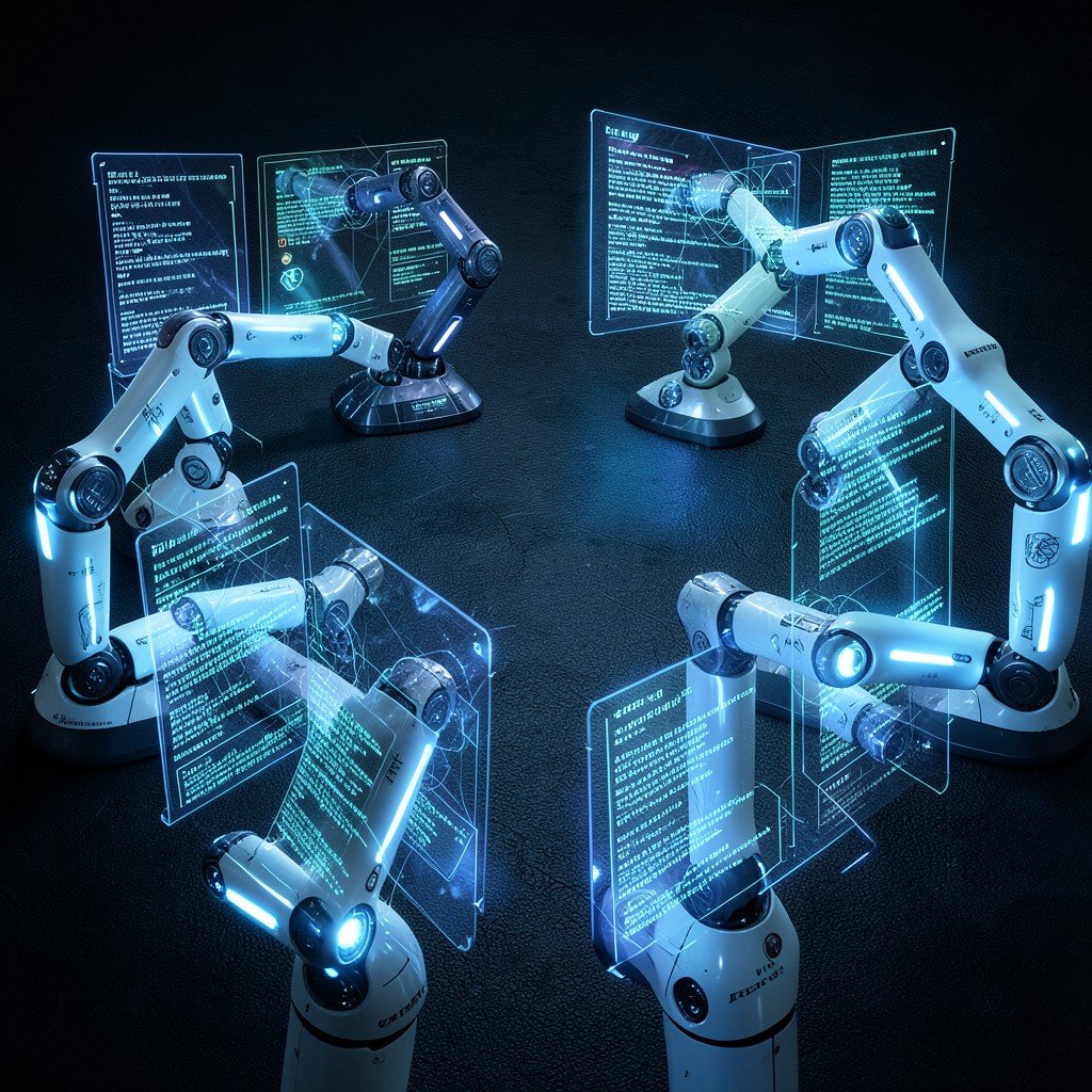 Multiple glowing AI robotic arms working on different holographic code screens simultaneously on a dark textured background, futuristic digital workspace, NO KOREAN Text, 1:1