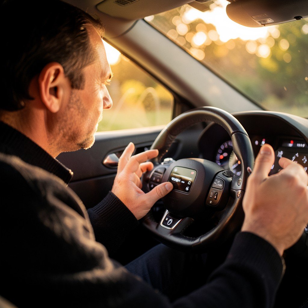 Driver talking to car voice assistant using steering wheel controls, lifestyle photography, warm lighting, natural setting, no text, 4:3