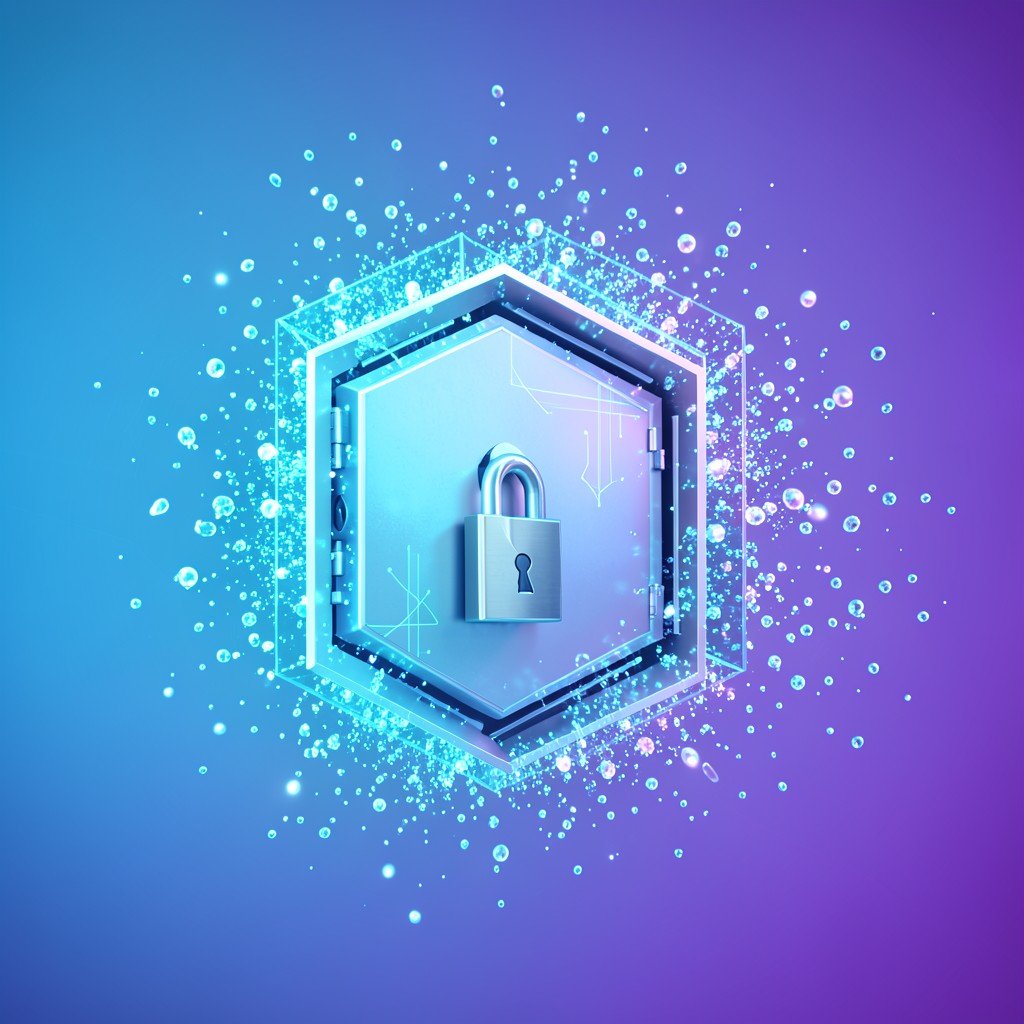 Abstract representation of a locked privacy vault with digital particles surrounding it, cool blue and purple gradient background, conceptual digital art, no text, 1:1