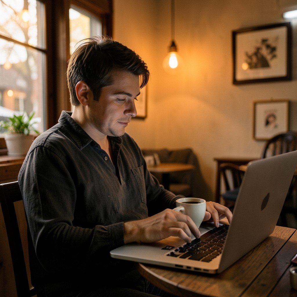 A person relaxing with a cup of coffee while using a laptop in a cozy cafe, feeling safe and secure, warm lighting, lifestyle photography, no text, 4:3