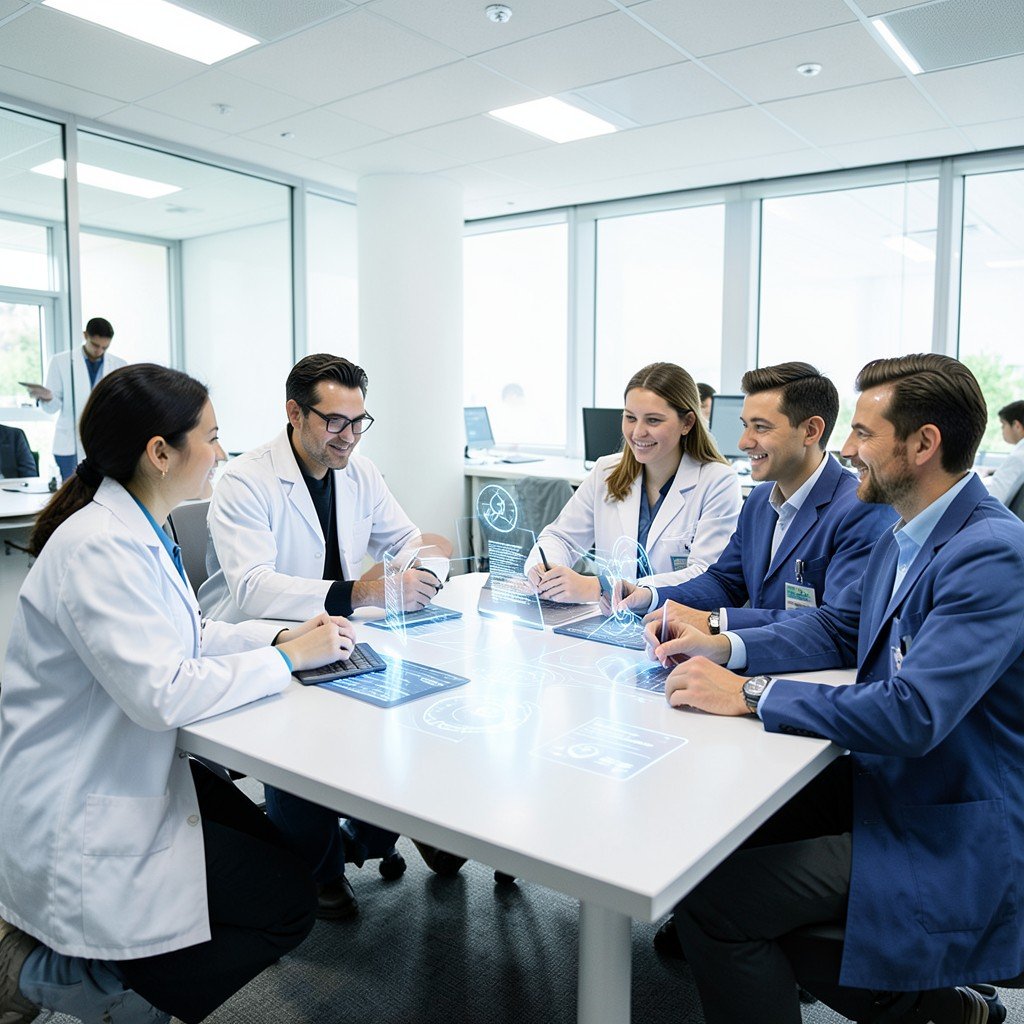 Diverse engineers collaborating around a sleek table with holographic AI interface in a modern Apple-like lab, bright lighting, no text, aspect ratio 1:1