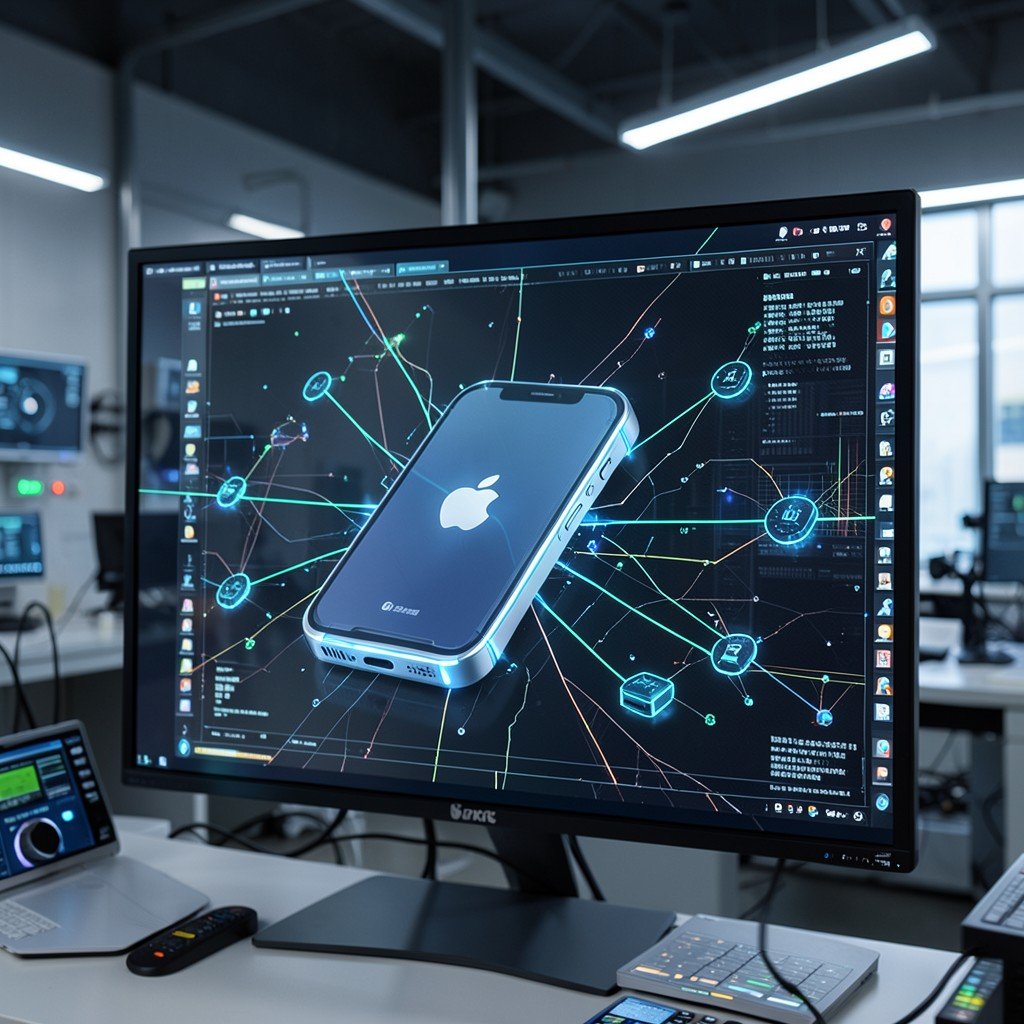 A futuristic Apple device prototype being designed on a screen with AI data nodes connecting around it, modern tech lab setting, no text, aspect ratio 4:3