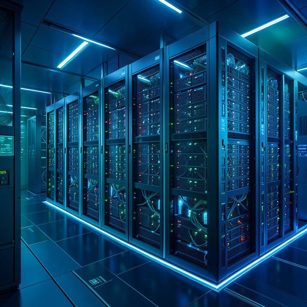 A massive futuristic data center with rows of glowing servers and cooling systems, cinematic lighting, deep blue and teal colors, informational clean layout, no text, 4:3 aspect ratio