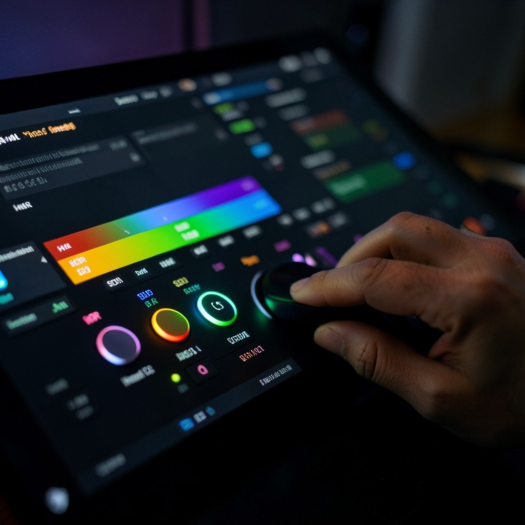 A close-up of a hand using a mouse to adjust HDR and SDR color grading controls on a video editing interface, moody lighting, professional setting, no text, 1:1