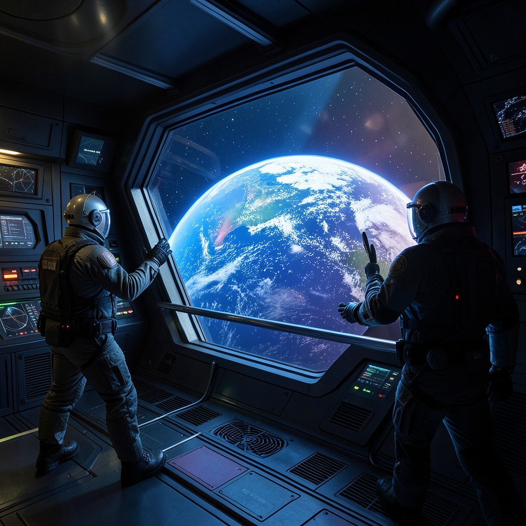 Retro futuristic space station interior with astronauts looking out a large window at Earth, dramatic lighting, sci-fi atmosphere, no text, aspect ratio 1:1