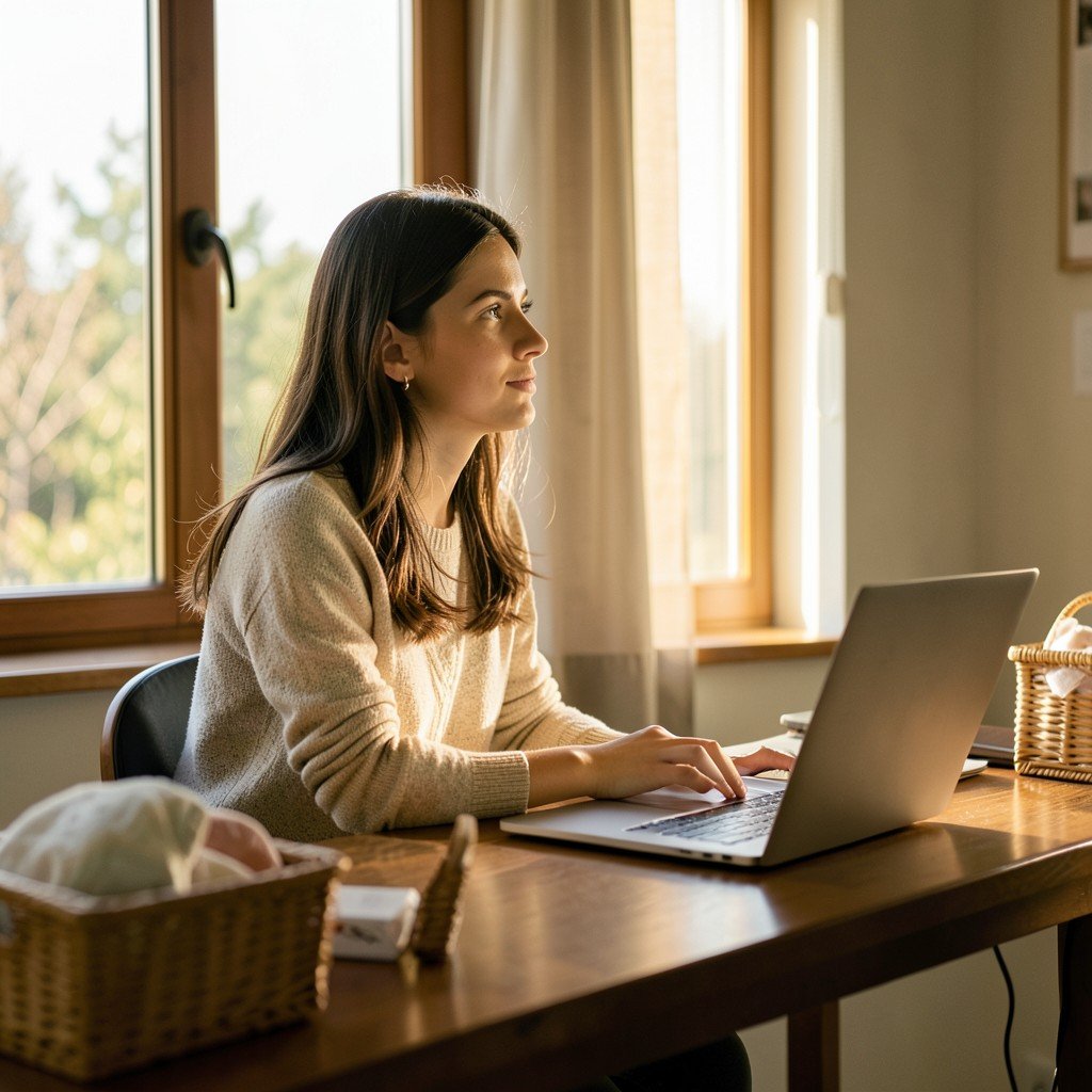 A young woman sitting at a desk with a laptop and a baby basket, looking thoughtfully out a window, warm lifestyle photography, natural lighting, no text, aspect ratio 4:3