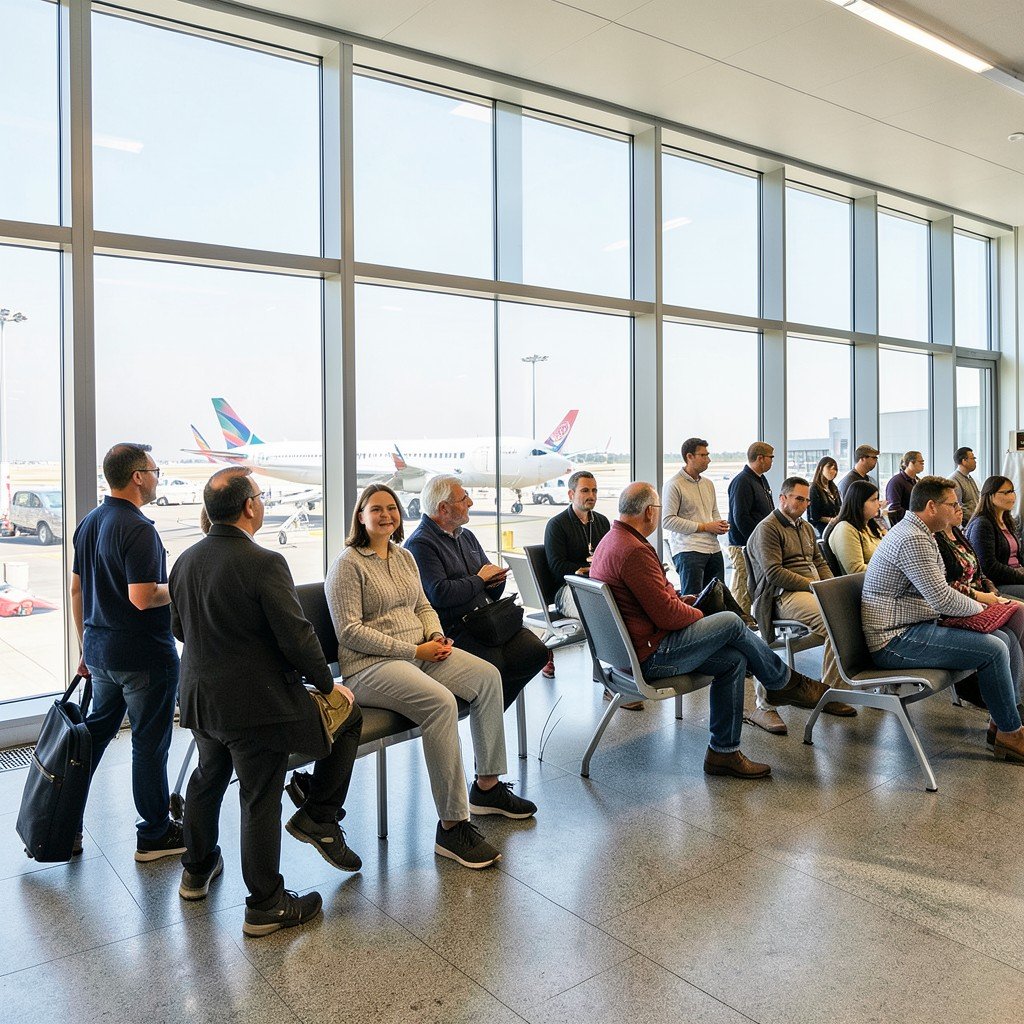 Passengers waiting comfortably at an airport gate large windows with a plane visible outside bright balanced lighting realistic lifestyle photography aspect ratio 1:1