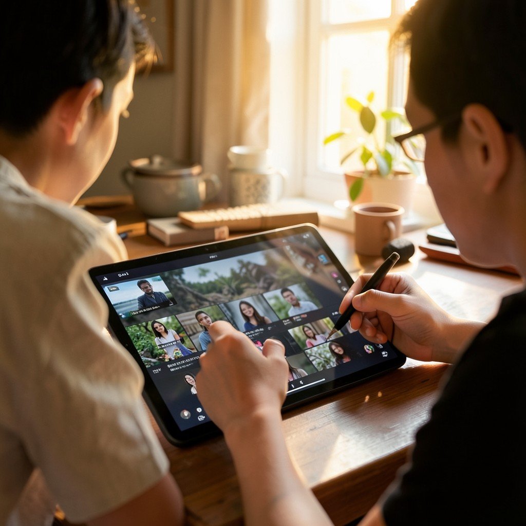 A person editing a video on a tablet using a stylus pen creative workspace warm lighting natural setting NO KOREAN Text 1:1
