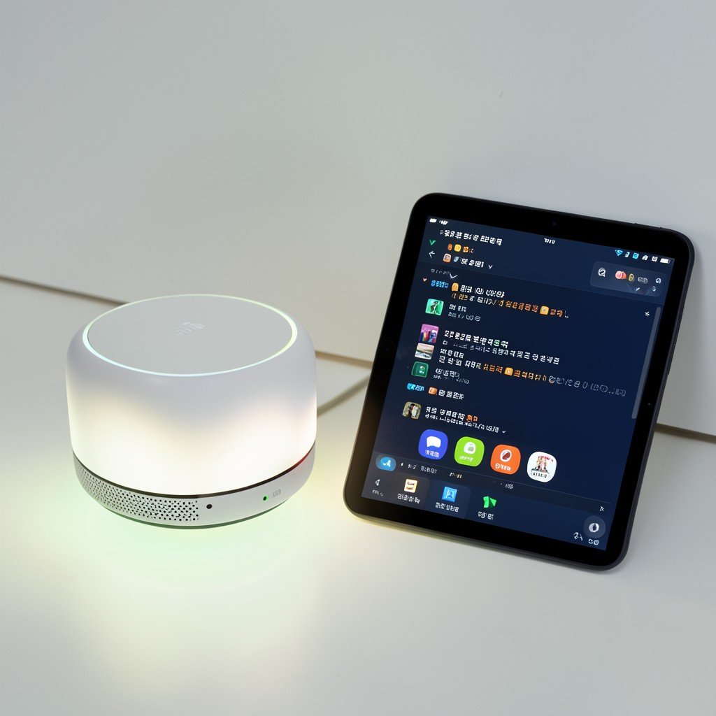 A modern wifi router glowing softly next to a tablet device connected to the internet clean tech setup NO KOREAN Text 4:3