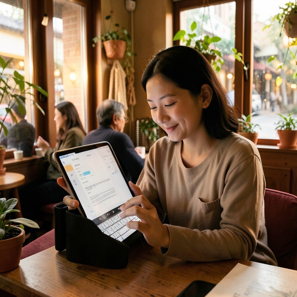 A person sitting in a cozy cafe using a tablet with a keyboard attachment lifestyle photography warm lighting natural setting NO KOREAN Text 1:1