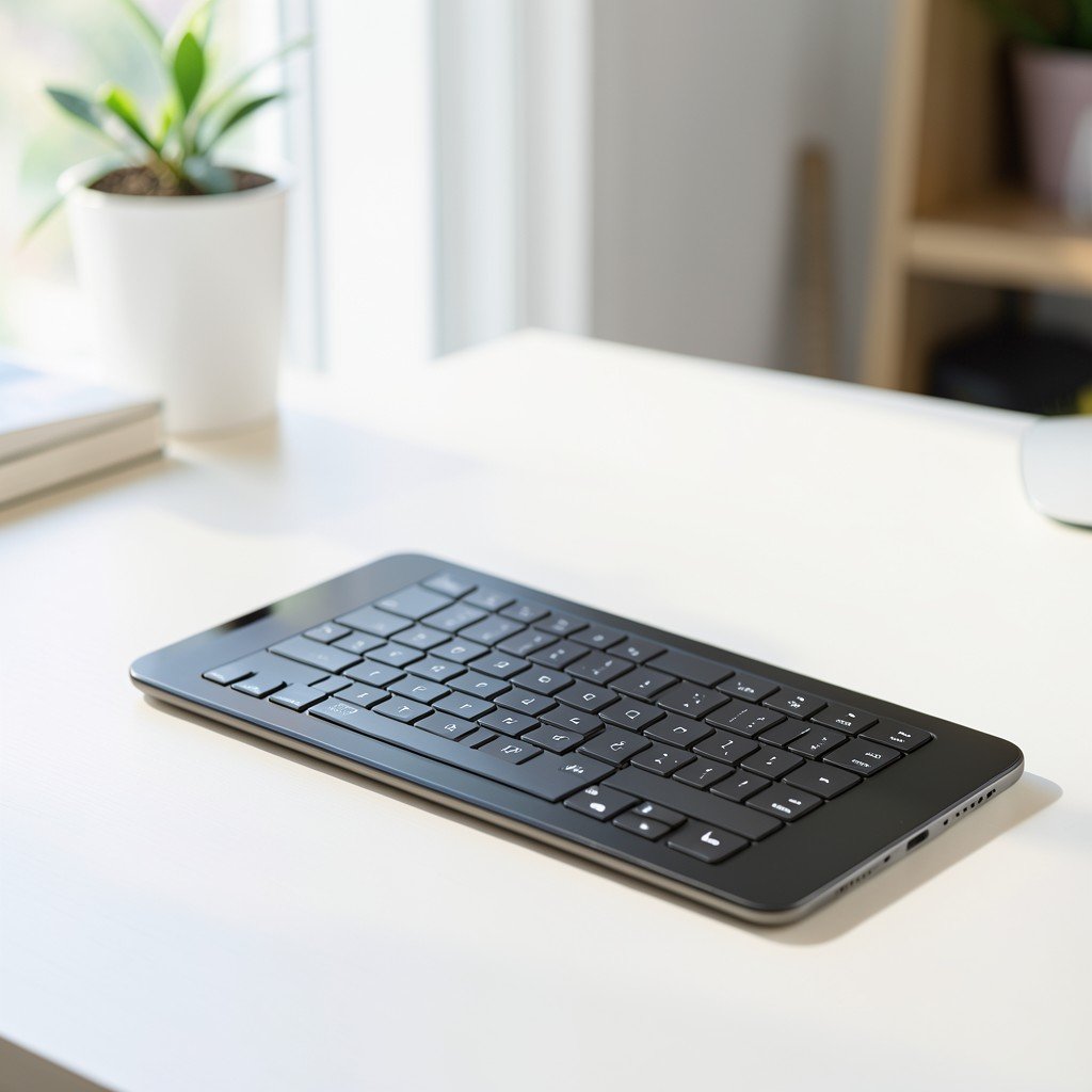 A modern tablet with a smart keyboard placed on a clean study desk, bright natural lighting, no visible text, lifestyle product photography, 4:3