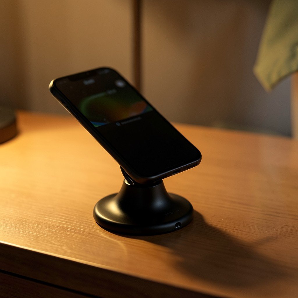 A black metal 3-in-1 wireless charging stand charging a smartphone and a smartwatch on a nightstand, warm ambient lighting, no visible text, lifestyle product photography, 1:1