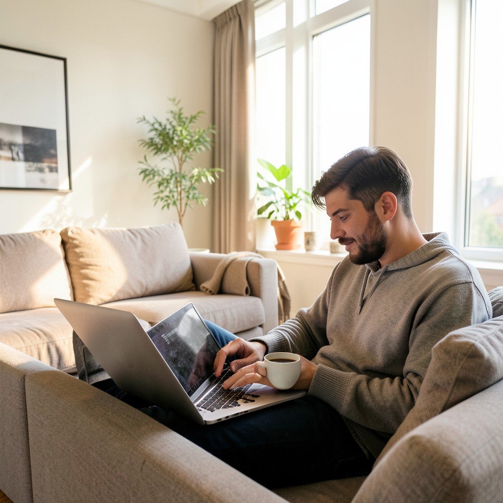 A person casually browsing a laptop in a bright modern living room, relaxing with a cup of coffee, no visible text, warm lifestyle photography, 4:3