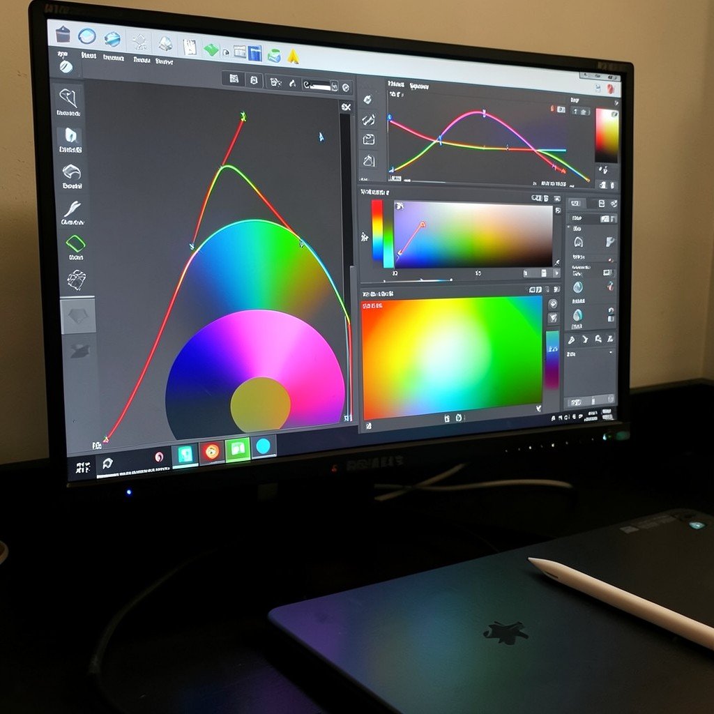 Close up of a monitor screen showing photo color correction tools, curves and color wheels, a graphics tablet and stylus on a dark desk, no text, 1:1