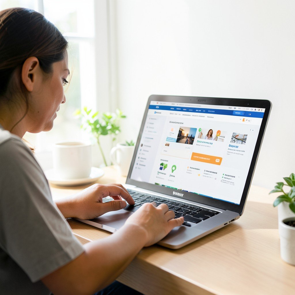 A person working on a laptop analyzing multiple web pages comparison clean workspace lifestyle photography bright natural light 4:3