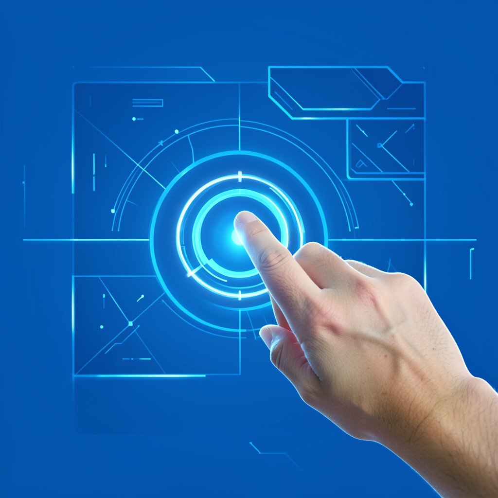 A hand clicking a glowing button on a futuristic interface modern clean UI design blue tone background no text 1:1