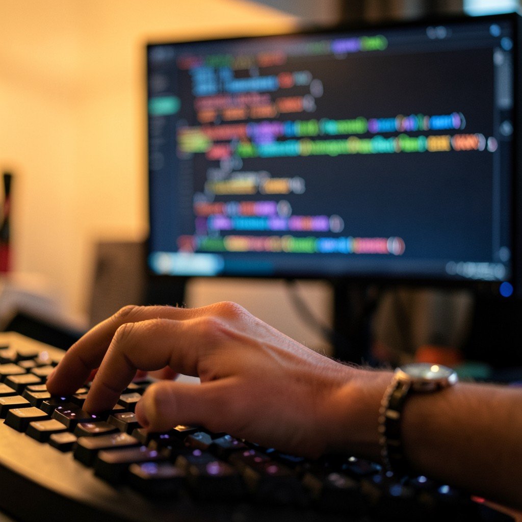 A close-up view of a programmer hands typing on a mechanical keyboard with a blurred monitor screen showing abstract colorful code lines, warm ambient lighting, professional tech review mood, no text, aspect ratio 1:1