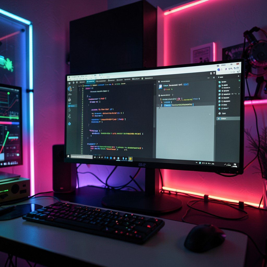 A modern workspace setup with a large monitor displaying a coding interface connected to a GitHub-like repository concept, cozy room lighting with neon accents, cyberpunk developer vibe, no text, aspect ratio 16:9