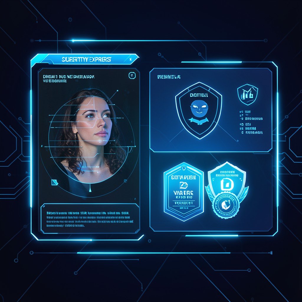 A futuristic digital identity verification interface for cybersecurity experts, using biometric scanning and digital badges, sleek tech design, glowing blue interface, no text, aspect ratio 4:3