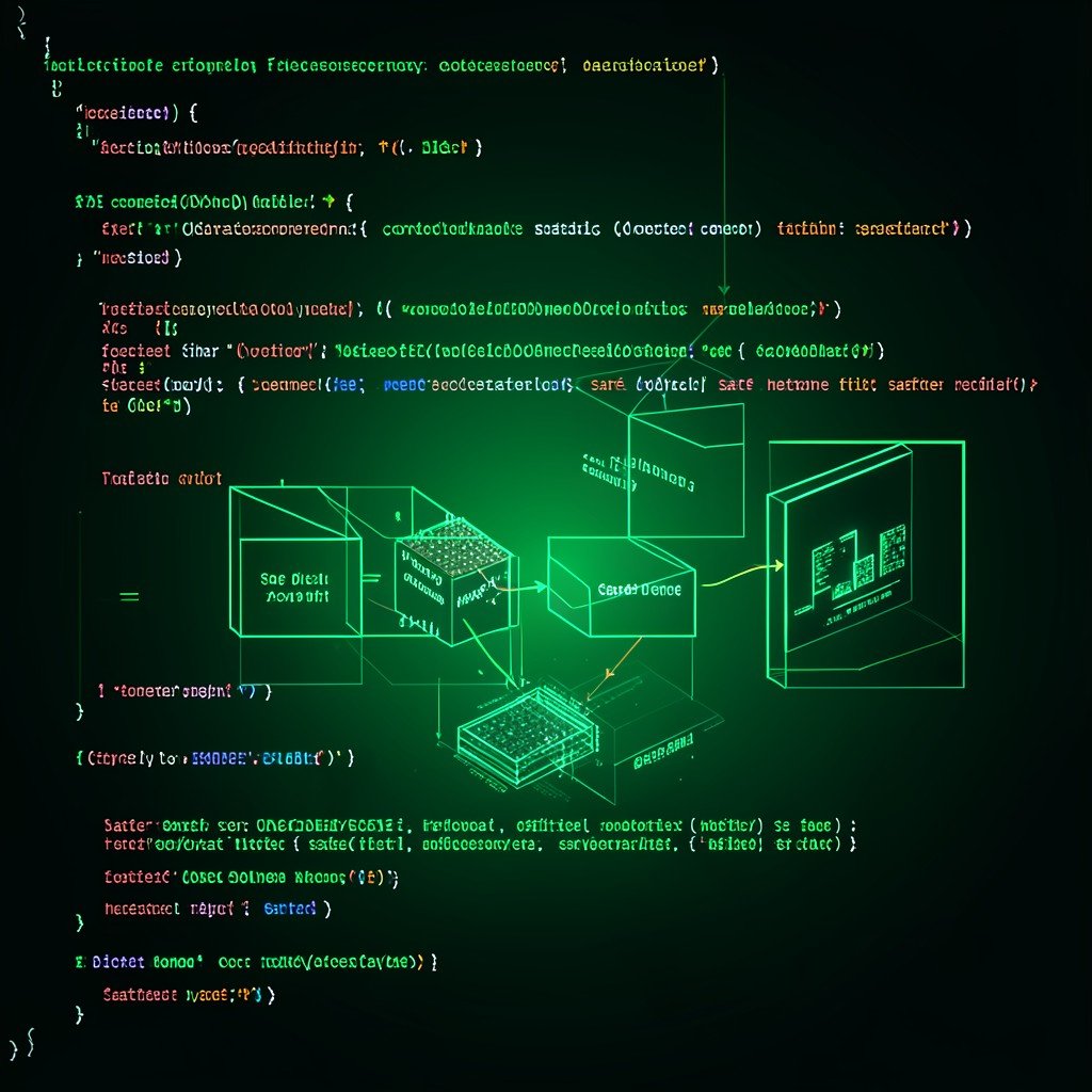 Analyzing compiled software code for malware, showing binary code transforming into safe digital blocks, high tech cybersecurity illustration, neon green and dark background, no text, aspect ratio 1:1