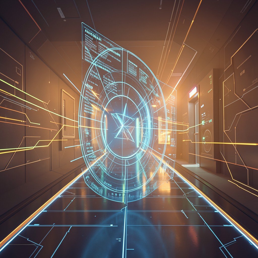 A futuristic pathway leading to an advanced AI security system, glowing digital shield protecting data streams, abstract tech illustration, warm lighting, no text, aspect ratio 16:9