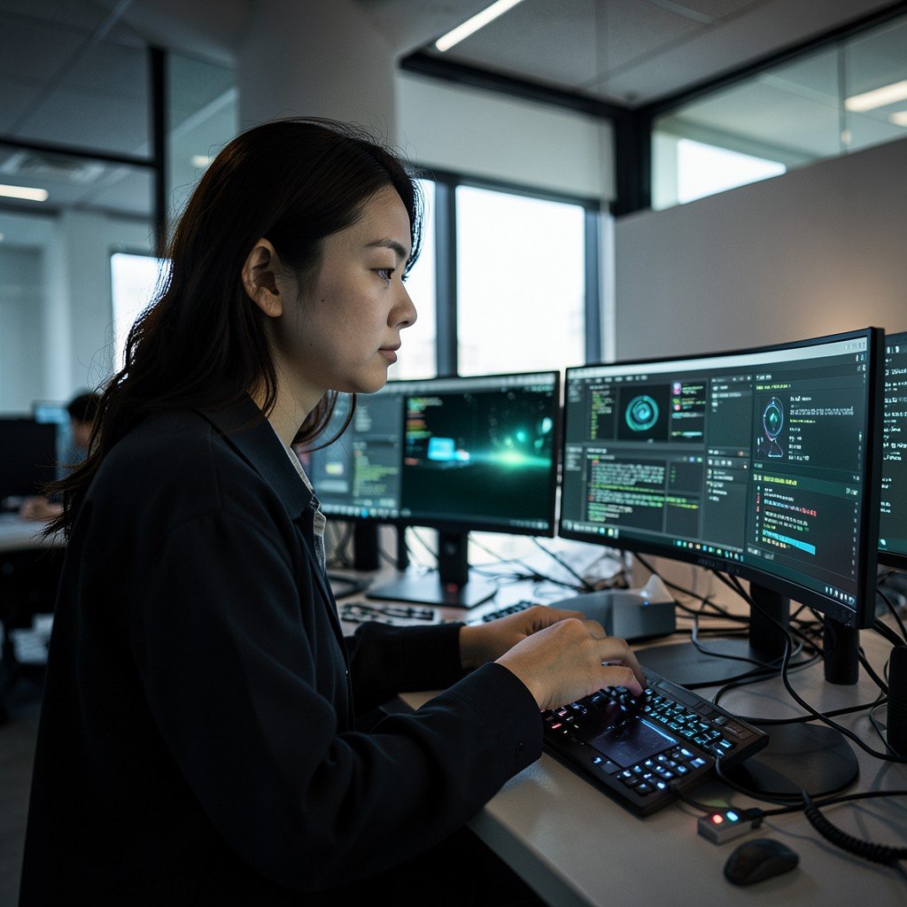 A cybersecurity professional analyzing multiple monitors with advanced AI tools, modern office setting, focused expression, Korean appearance, cinematic lighting, no text, aspect ratio 4:3