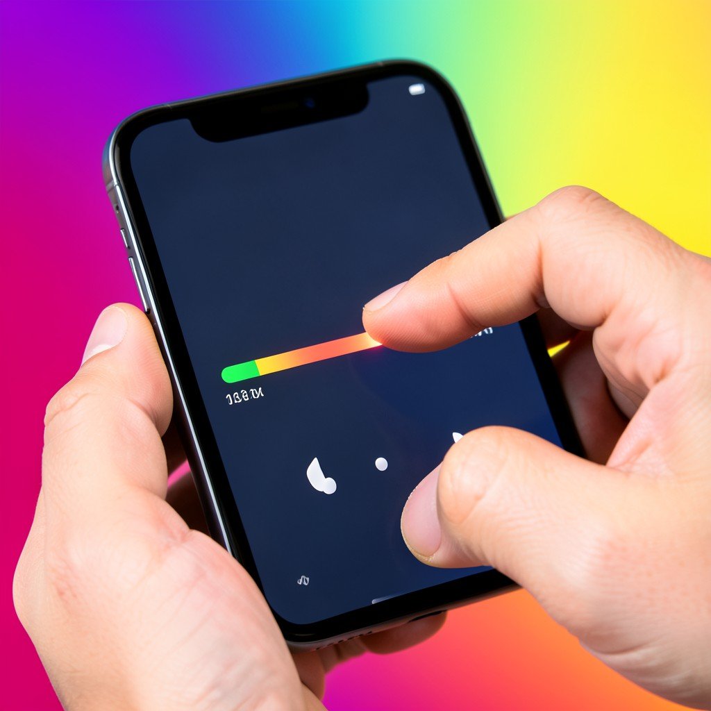 A close-up of a hand interacting with a modern smartphone music app interface. Fingers are tapping on a newly designed progress bar and navigating through small pill-shaped control buttons. Vibrant gradient background, no text, 1:1
