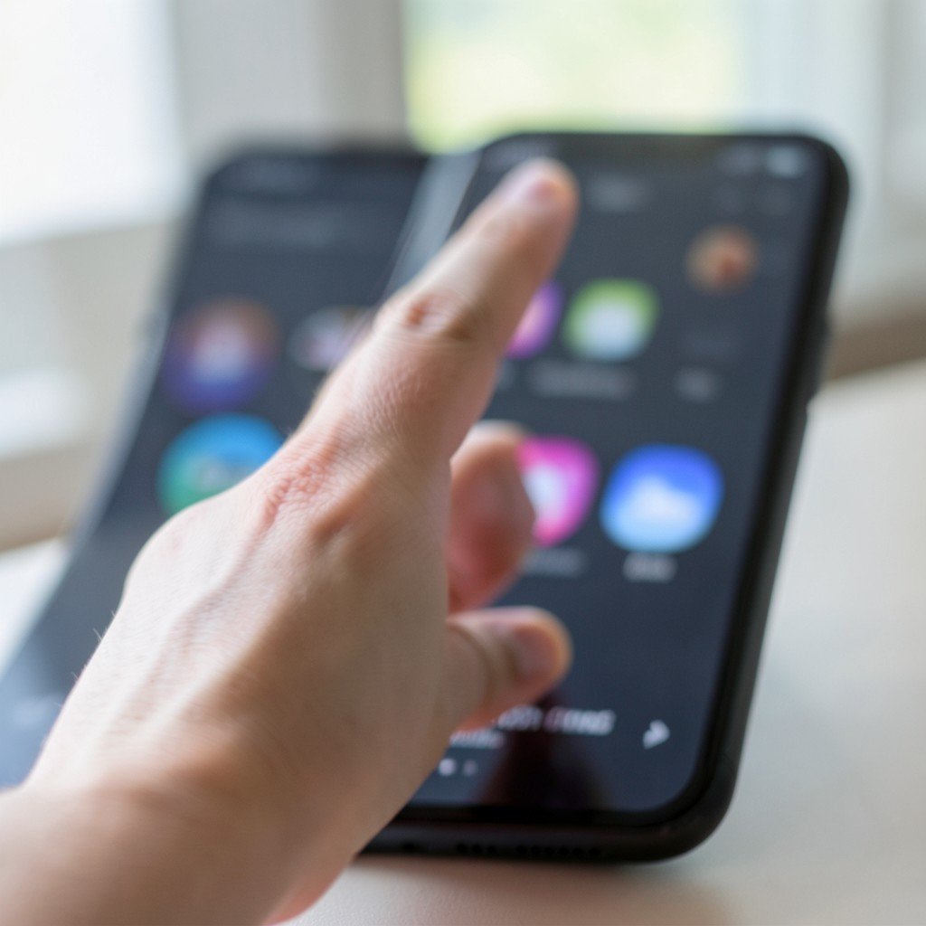 A hand swiping up on a smartphone screen with a blurred music app interface in the background. Motion blur effect on the hand showing the upward swipe gesture. Natural lighting, modern setting, no text, 1:1