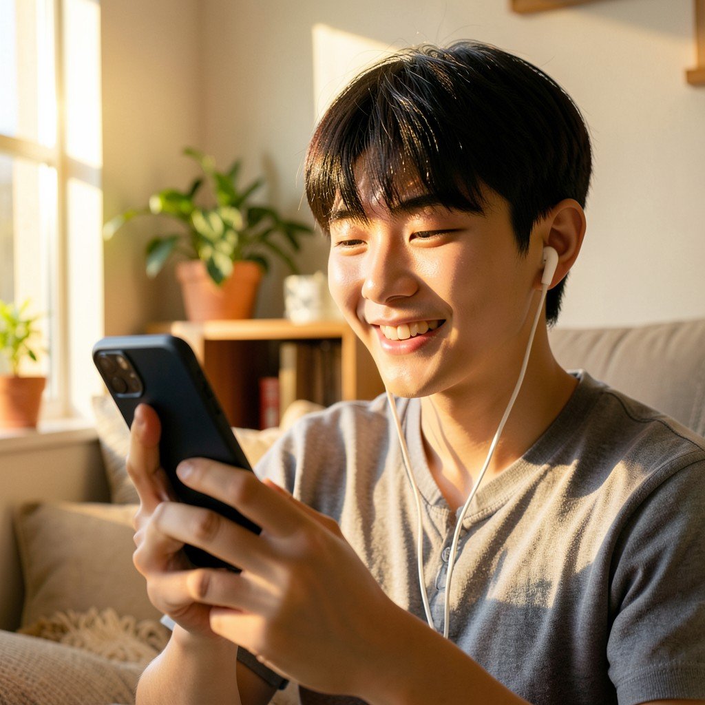 A young Korean person holding a smartphone and listening to music with earphones. They are smiling and looking at the screen comfortably. Warm afternoon sunlight, cozy room background, no text, 1:1