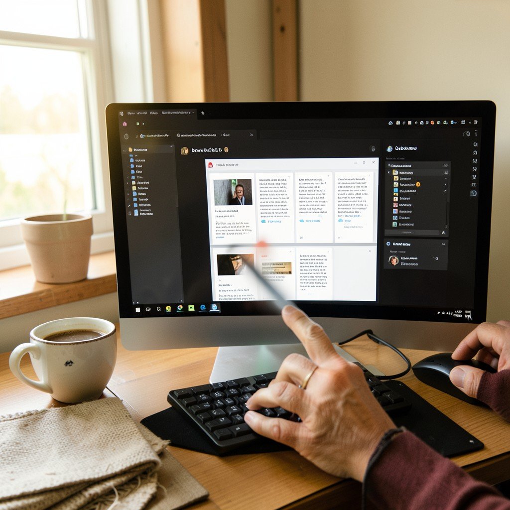Hands using a mouse to drag and drop multiple file panels and terminal windows on a computer screen. Cozy workspace with a cup of coffee. Natural lighting, lifestyle photography, no text visible. 4:3