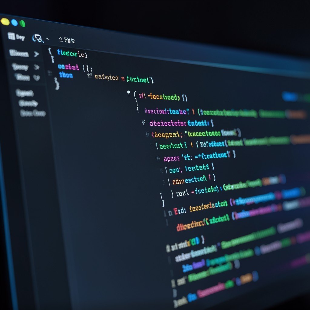 A close-up of a computer screen showing a dark mode integrated terminal and a file difference viewer comparing lines of code. Glowing accents on a dark background, modern tech aesthetic, no readable text. 1:1