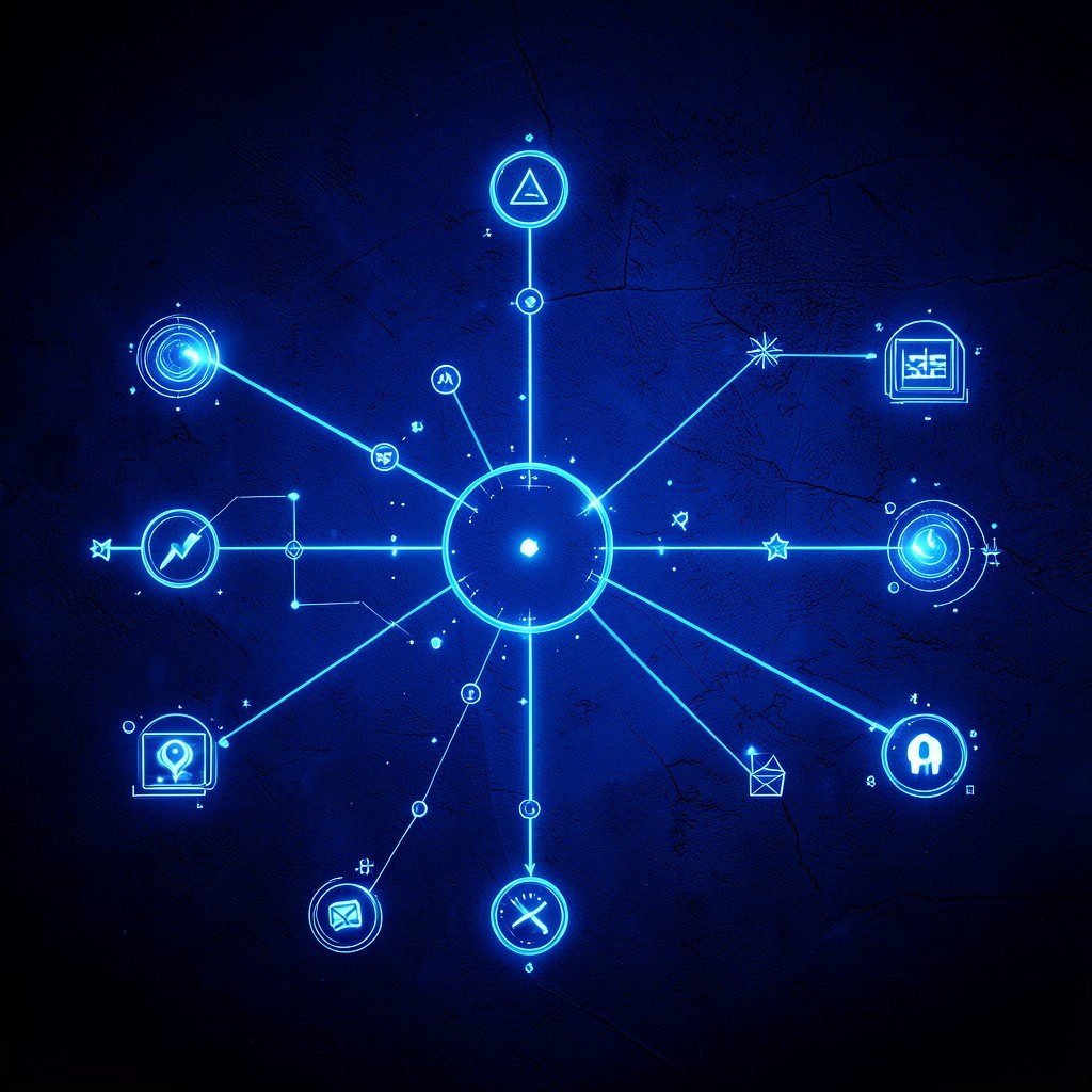 A futuristic glowing automation workflow diagram on a dark blue textured background with connected nodes and icons. Abstract digital art style, high contrast, no text visible. 1:1