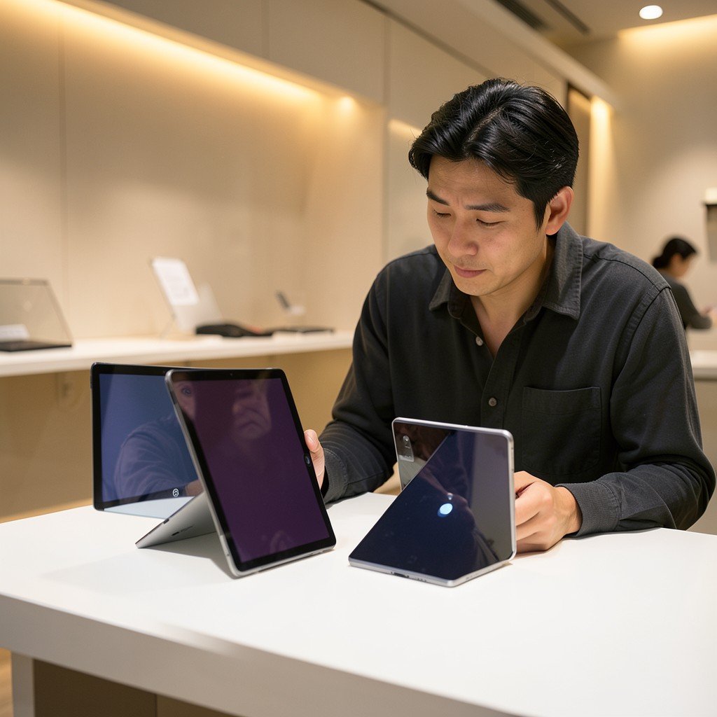 A person thoughtfully looking at two different tablet models on a clean modern store display table with warm ambient lighting NO KOREAN Text aspect ratio 4:3