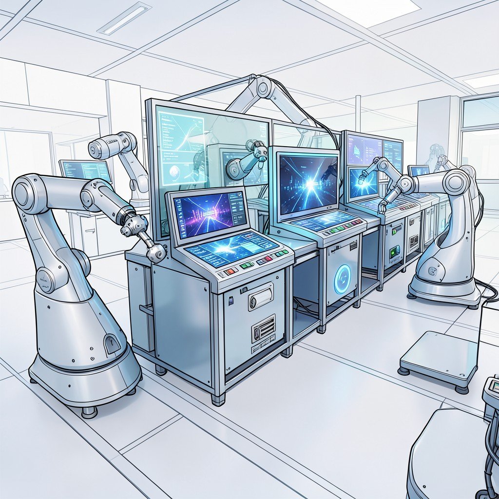 An informative illustration of a futuristic display panel manufacturing line with robotic arms and glowing screens, clean modern layout, no text, aspect ratio 4:3