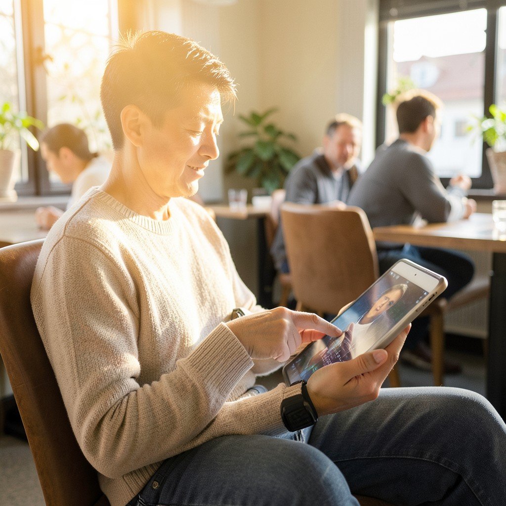 A person sitting in a bright cafe holding a modern tablet and using it naturally, warm sunlight, lifestyle photography, no visible text, aspect ratio 4:3